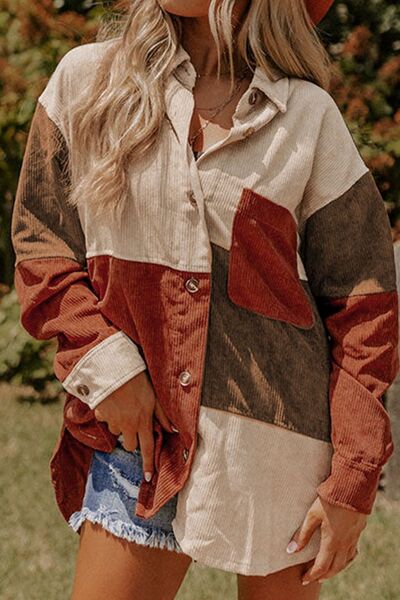 Color Block Curved Hem Corduroy Shacket with Pocket Burgundy OutfitFlow