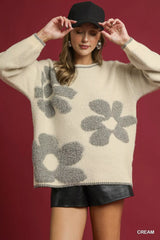 Umgee Floral Jacquard Knit Sweater Cream OutfitFlow