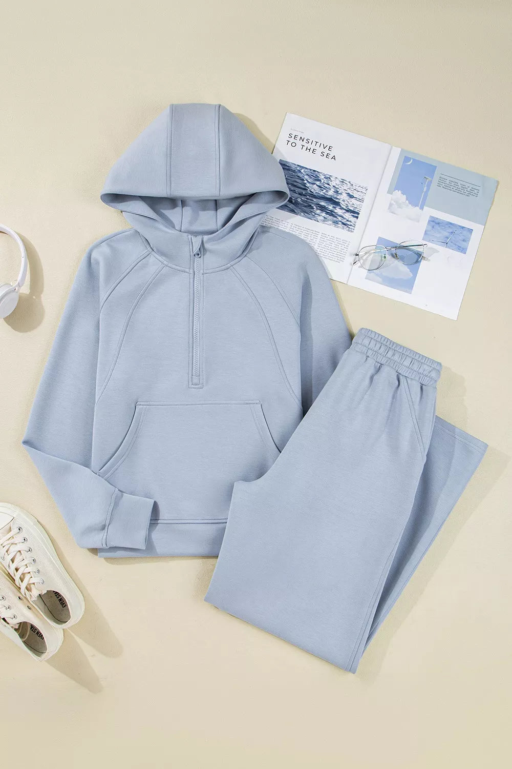 Half Zip Thumbhole Sleeve Hoodie and Pants 2pcs Outfit OutfitFlow
