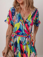 Multicolour Tropical Printed Surplice Neck Tie Waist Romper OutfitFlow