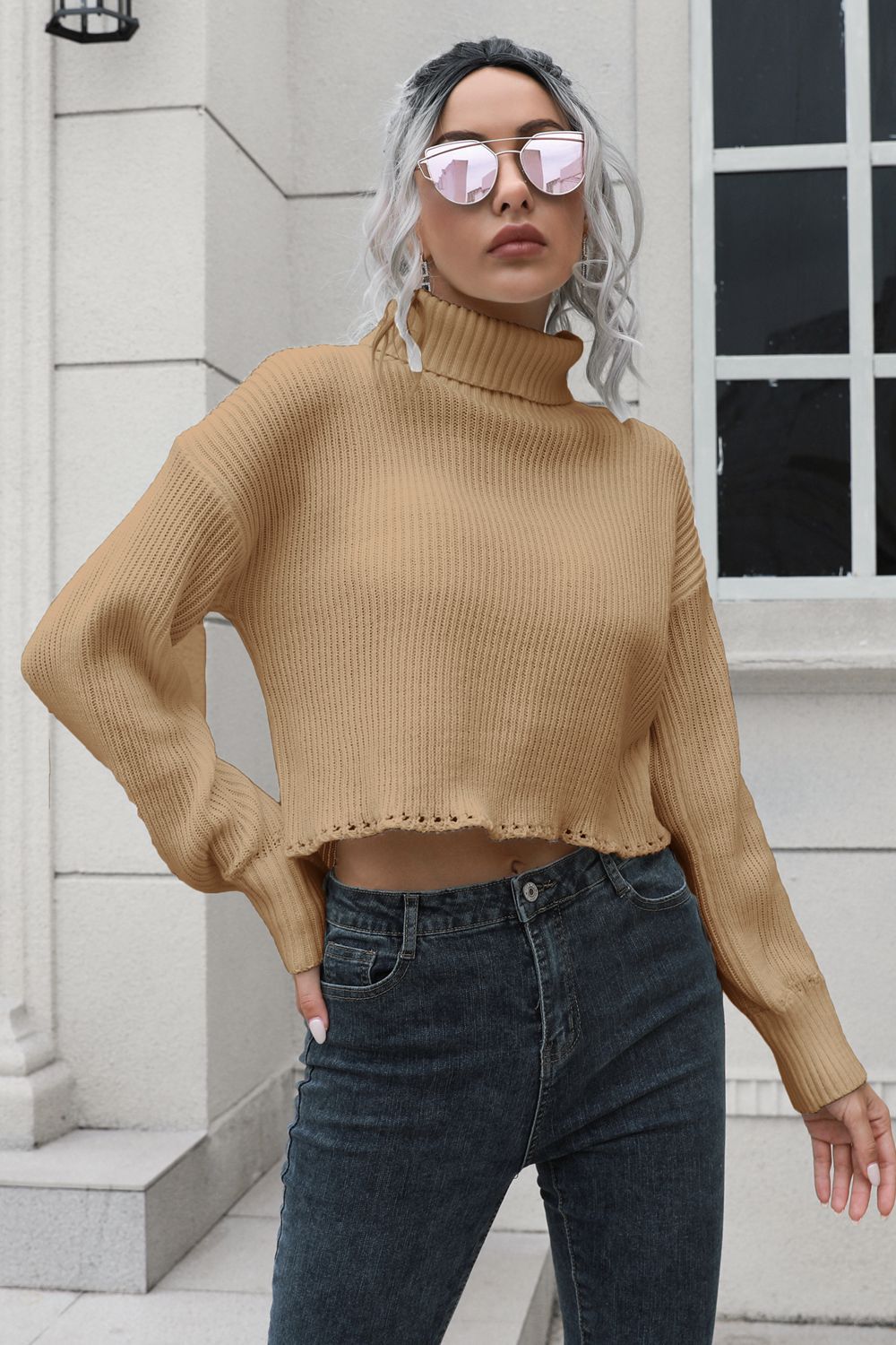 Turtleneck Dropped Shoulder Sweater Camel Trendsi