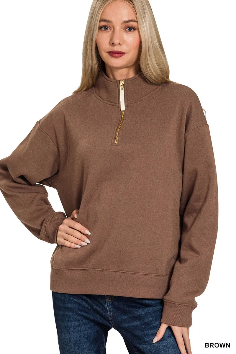 Zenana Fleece Half Zip Sweatshirt BROWN OutfitFlow