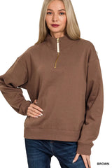 Zenana Fleece Half Zip Sweatshirt BROWN OutfitFlow
