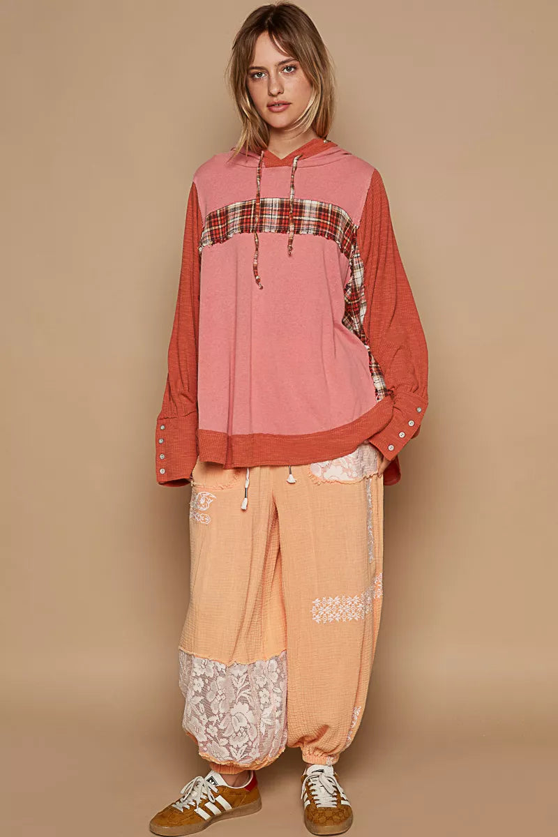 POL Oversized Drawstring Long Sleeve Hoodie with Plaid Detail Trendsi