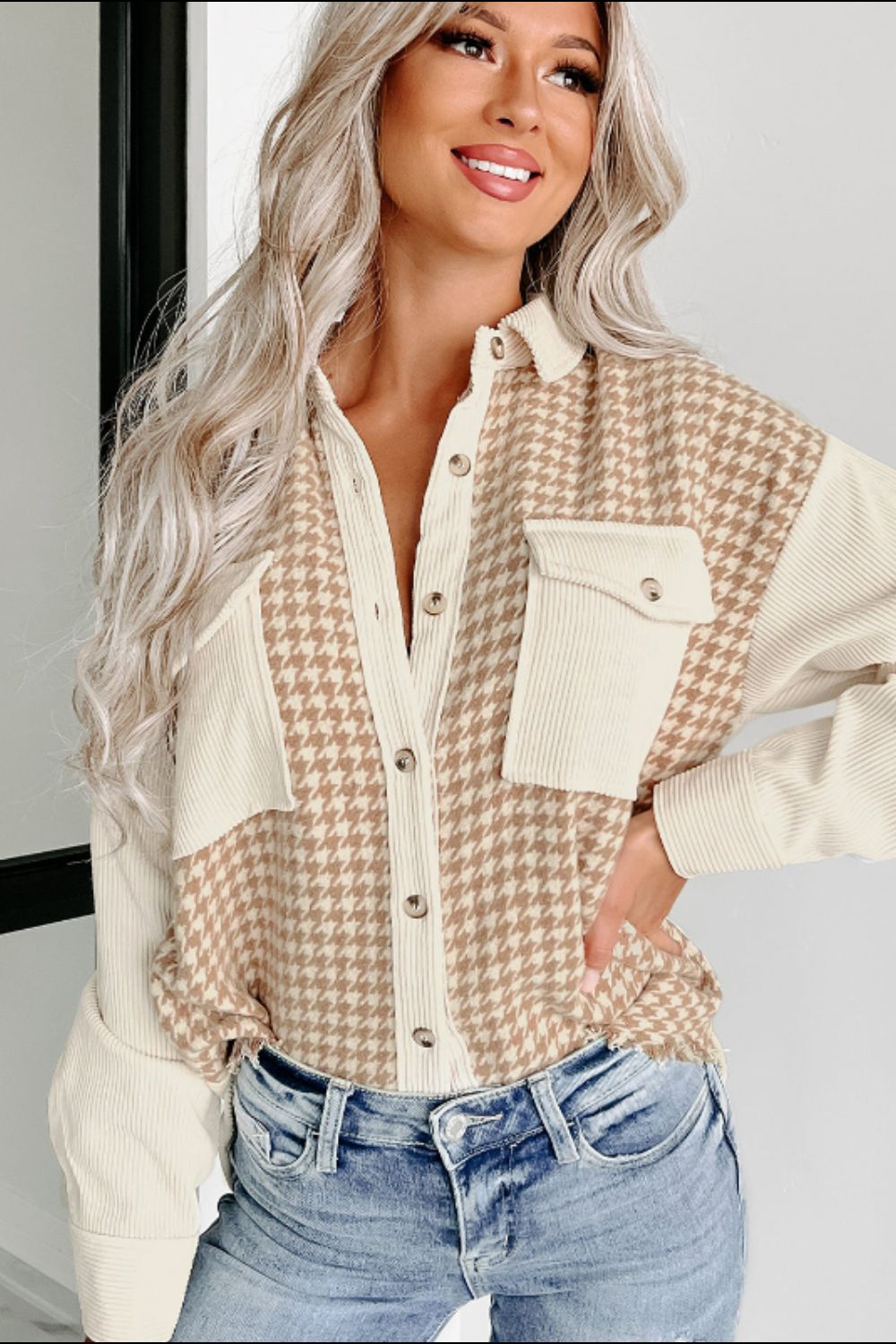 Outfit Flow - Houndstooth Button Up Long Sleeve Jacket