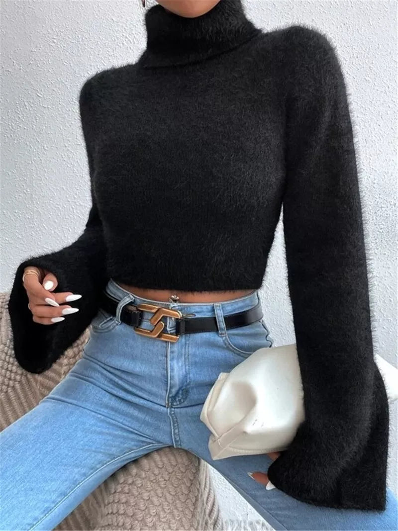 Fluffy Knit Turtleneck Bell Sleeve Cropped Sweater Black OutfitFlow