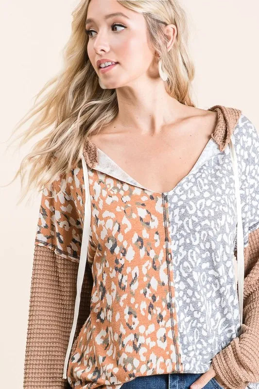 BiBi Popcorn Waffle Knit Hoodie with Print Block Front OutfitFlow