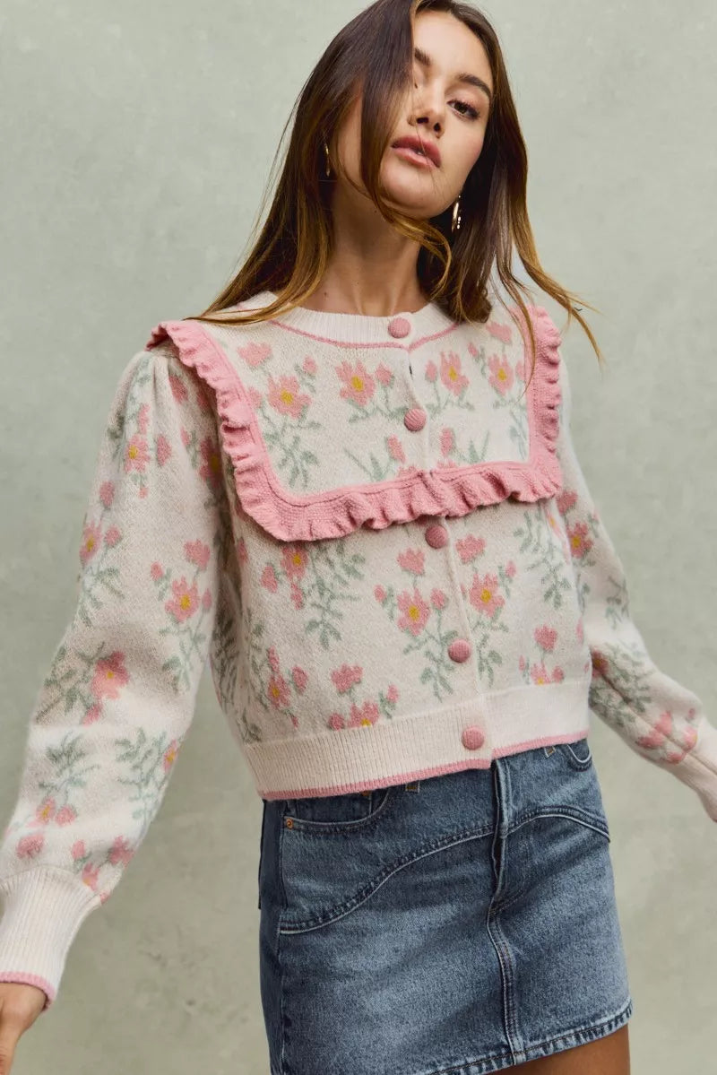 SO ME Flower With Ruffle Detailing Sweater Cardigan OutfitFlow