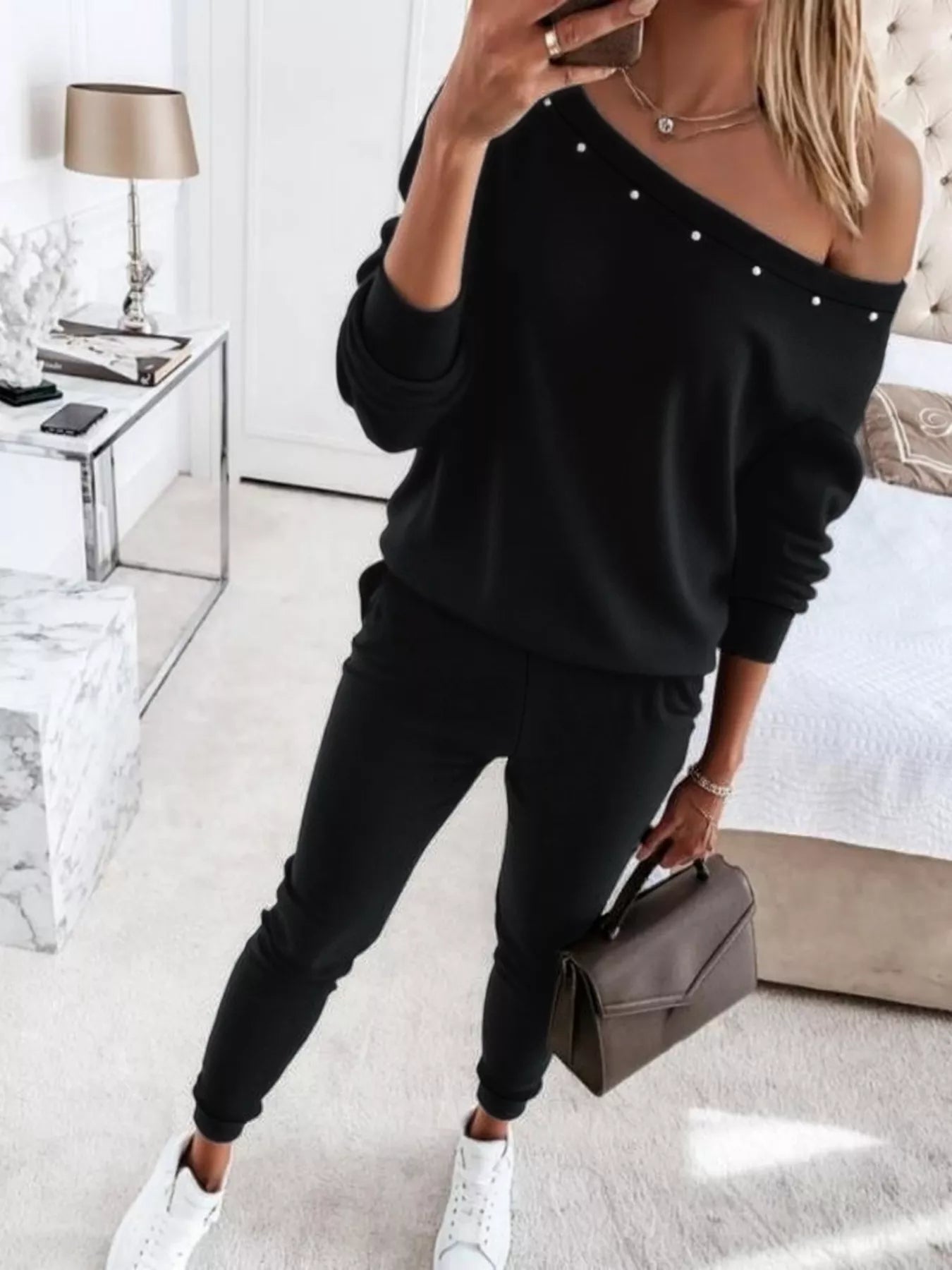 One-Shoulder Pearl Embellished Top and Pants Set OutfitFlow