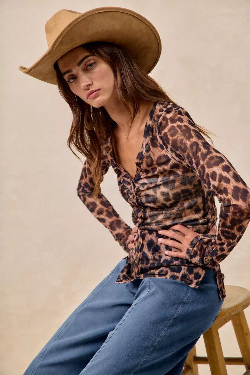 BiBi Leopard Printed Mesh Shirt With Button Up V Neck OutfitFlow