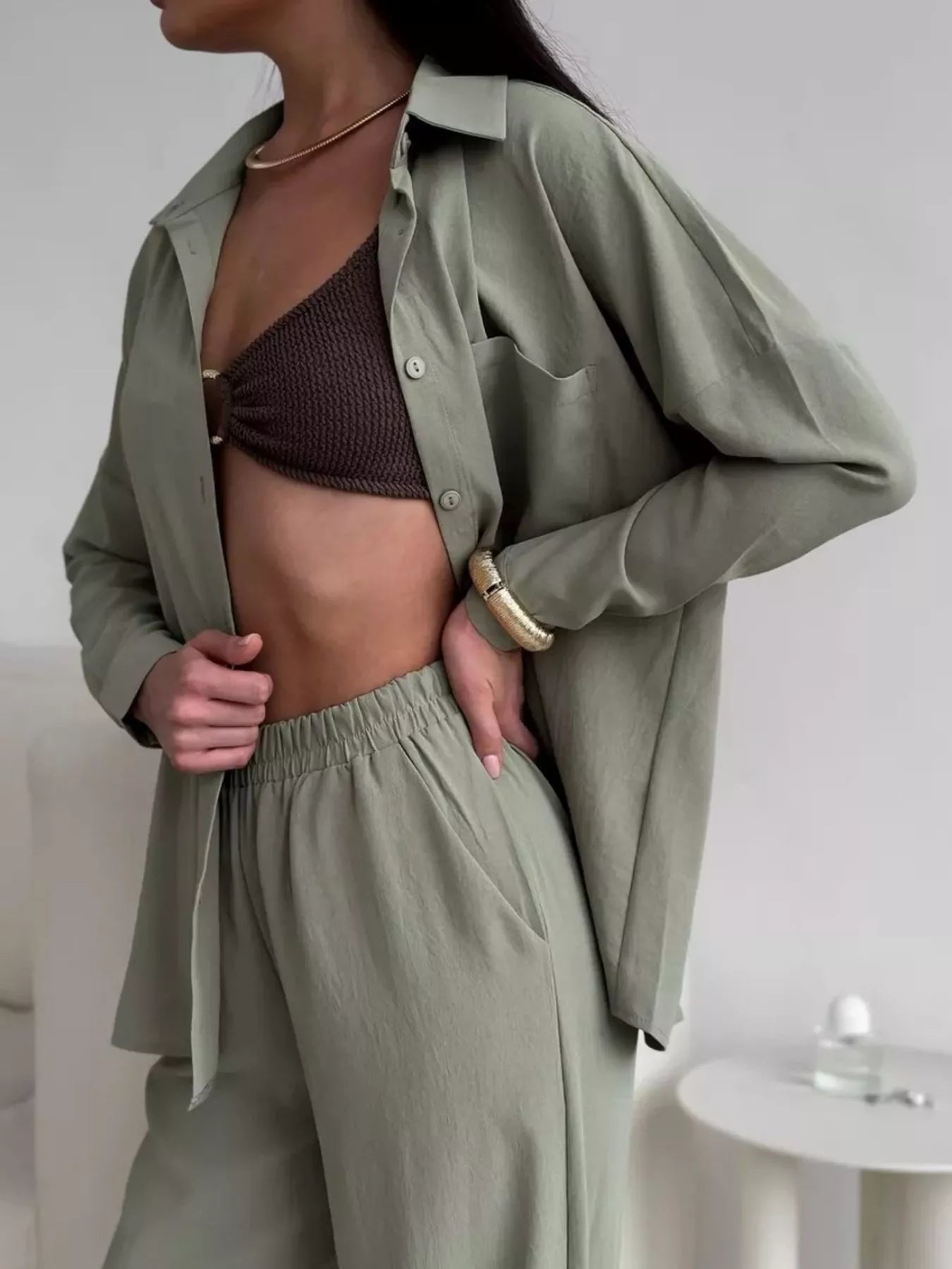 Button Down Shirt and Pants Set OutfitFlow