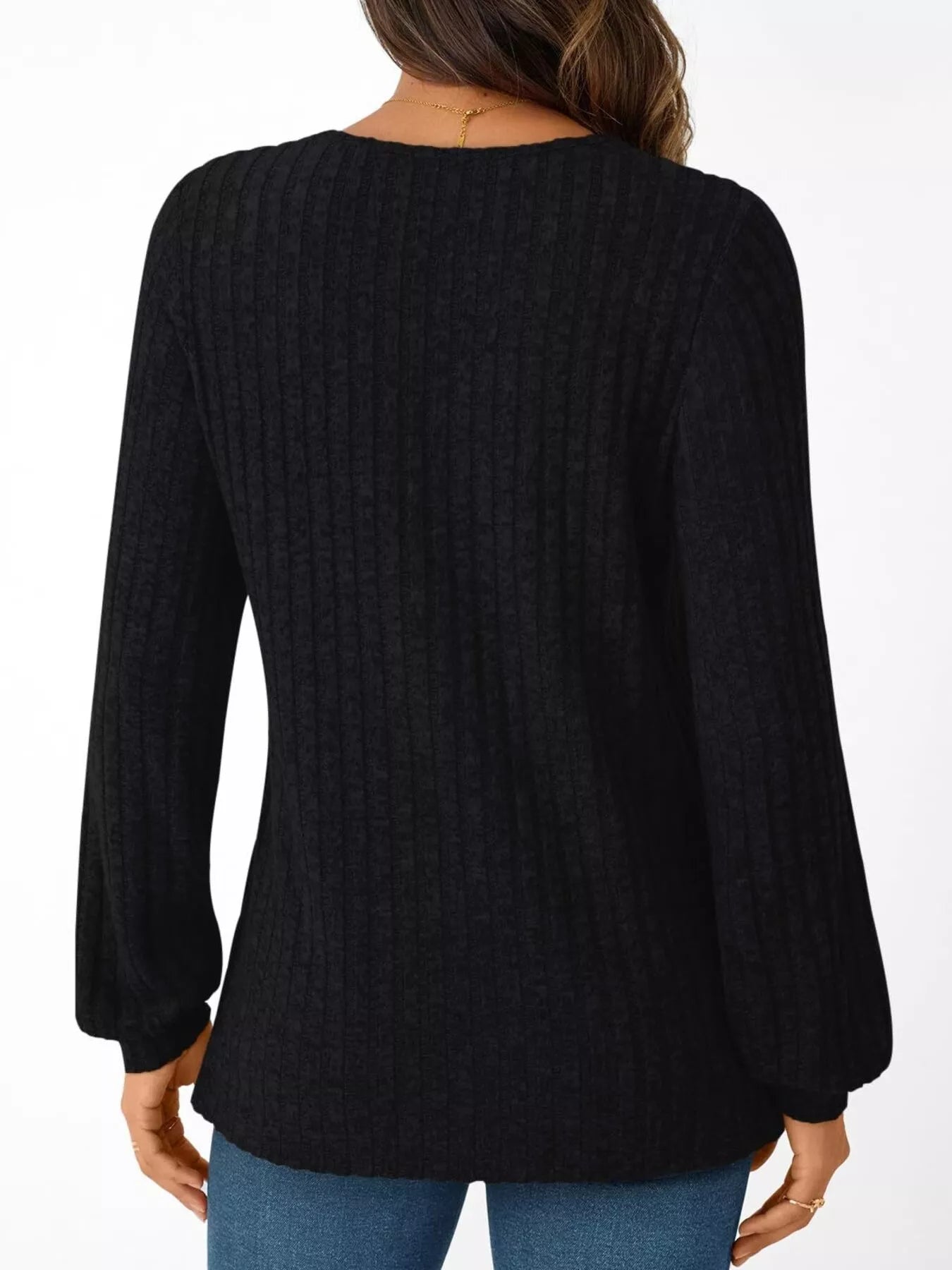 Ribbed Knit V-Neck Long Sleeve T-Shirt OutfitFlow