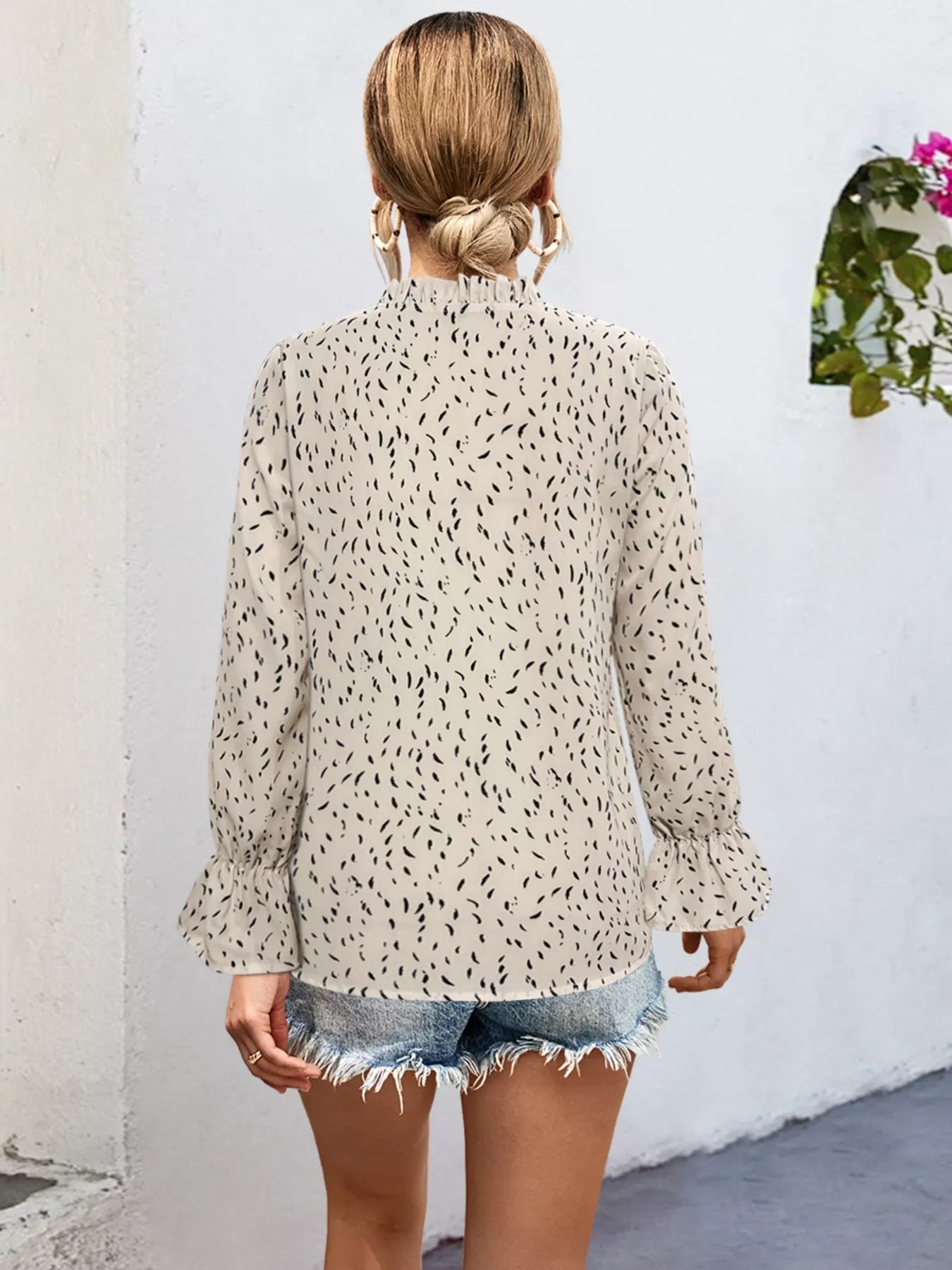 Ruffled Printed Tie Neck Long Sleeve Blouse OutfitFlow