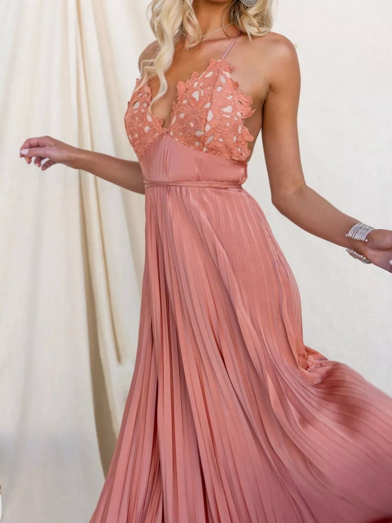 Pleated Backless Maxi Cami Dress OutfitFlow