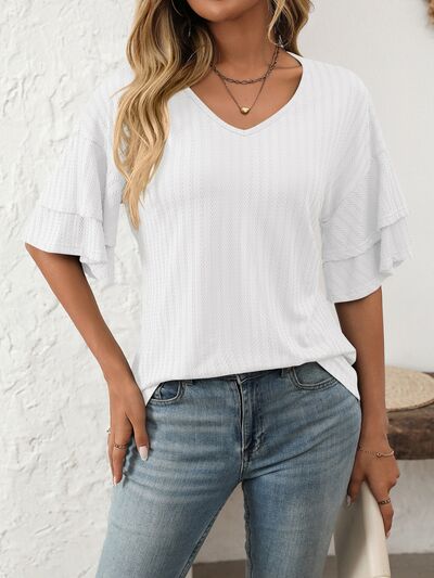 Mandy V-Neck Ruffle Half Sleeve Top White OutfitFlow