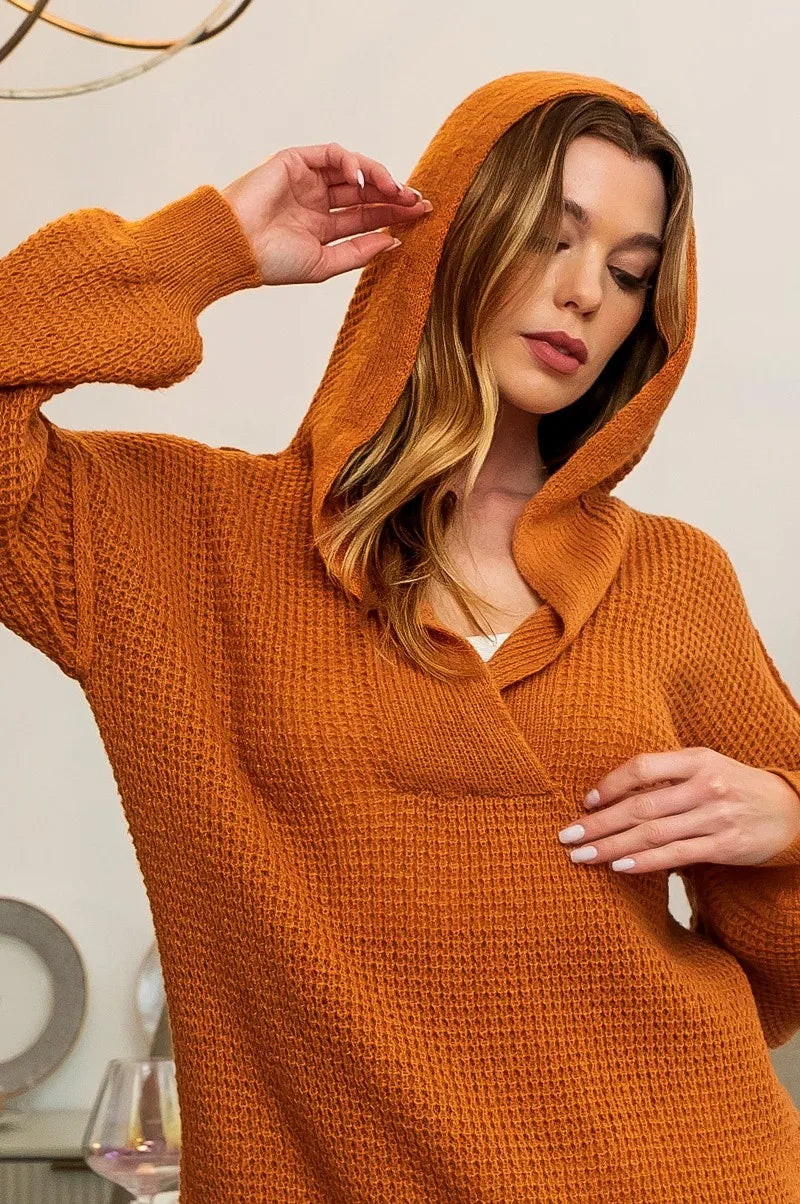 BiBi Raw Edge Detail V-Neck Sweater Hoodie OutfitFlow