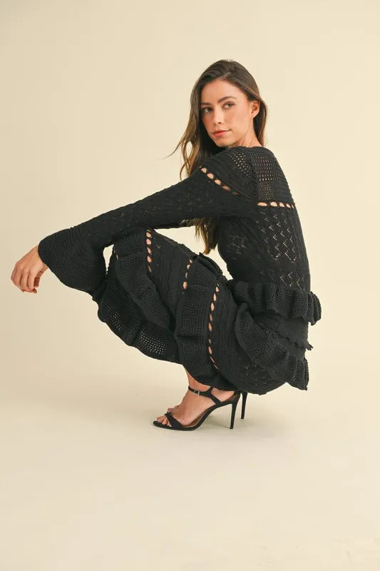 MABLE Long Sleeve Tiered Ruffle Knit Midi Dress OutfitFlow