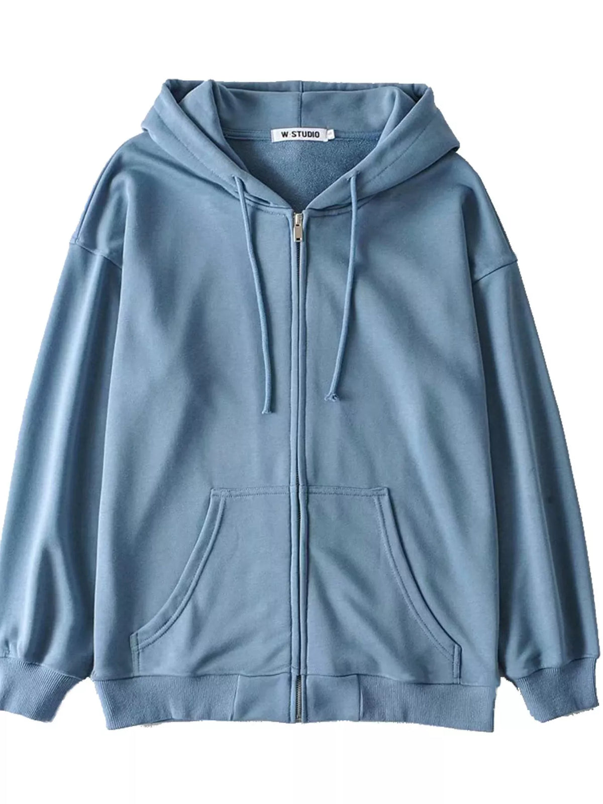 Casual Loose Zip-Up Hoodie Blue OutfitFlow