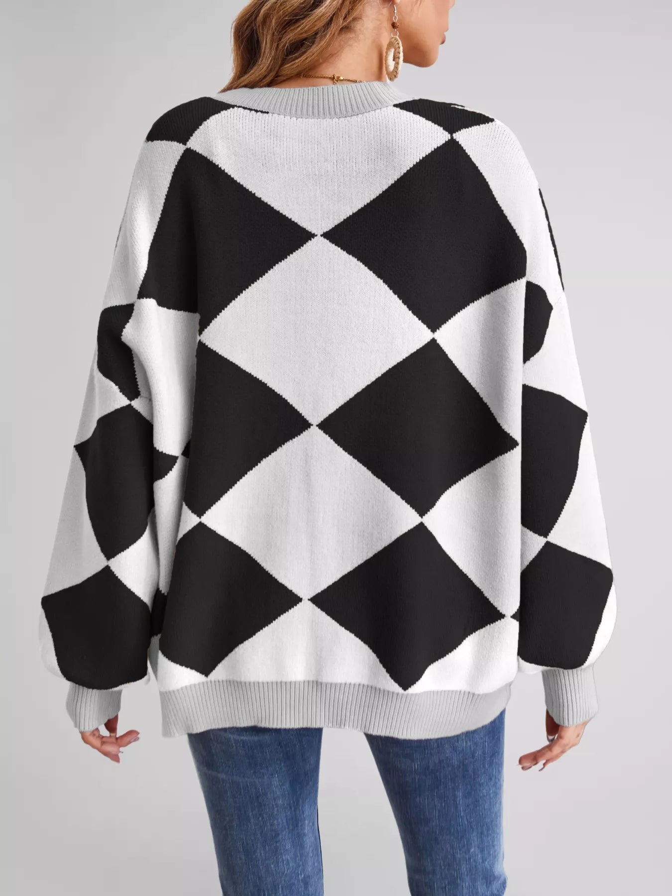 Diamond Pattern Button-Up Knit Cardigan OutfitFlow