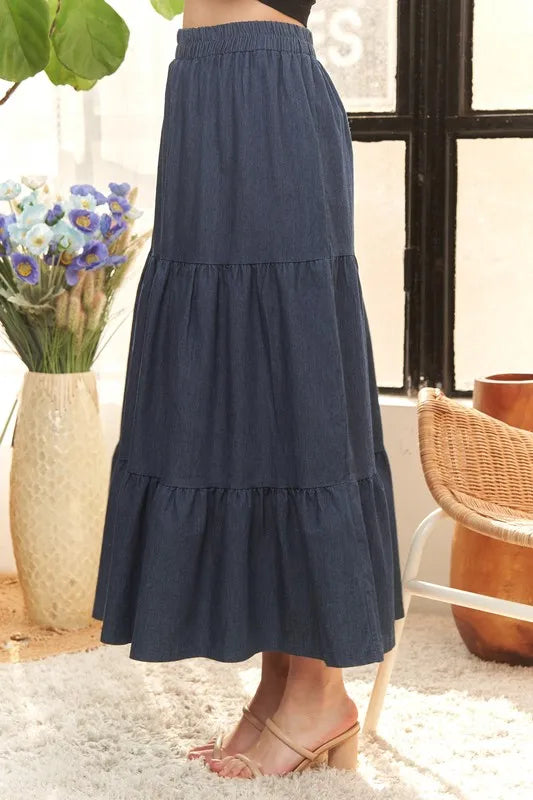 ADORA Waist Band Tiered Denim Maxi Skirt OutfitFlow