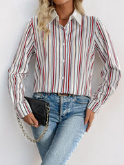 Outfit Flow - Perfee Contrast Striped Collared Neck Long Sleeve Shirt