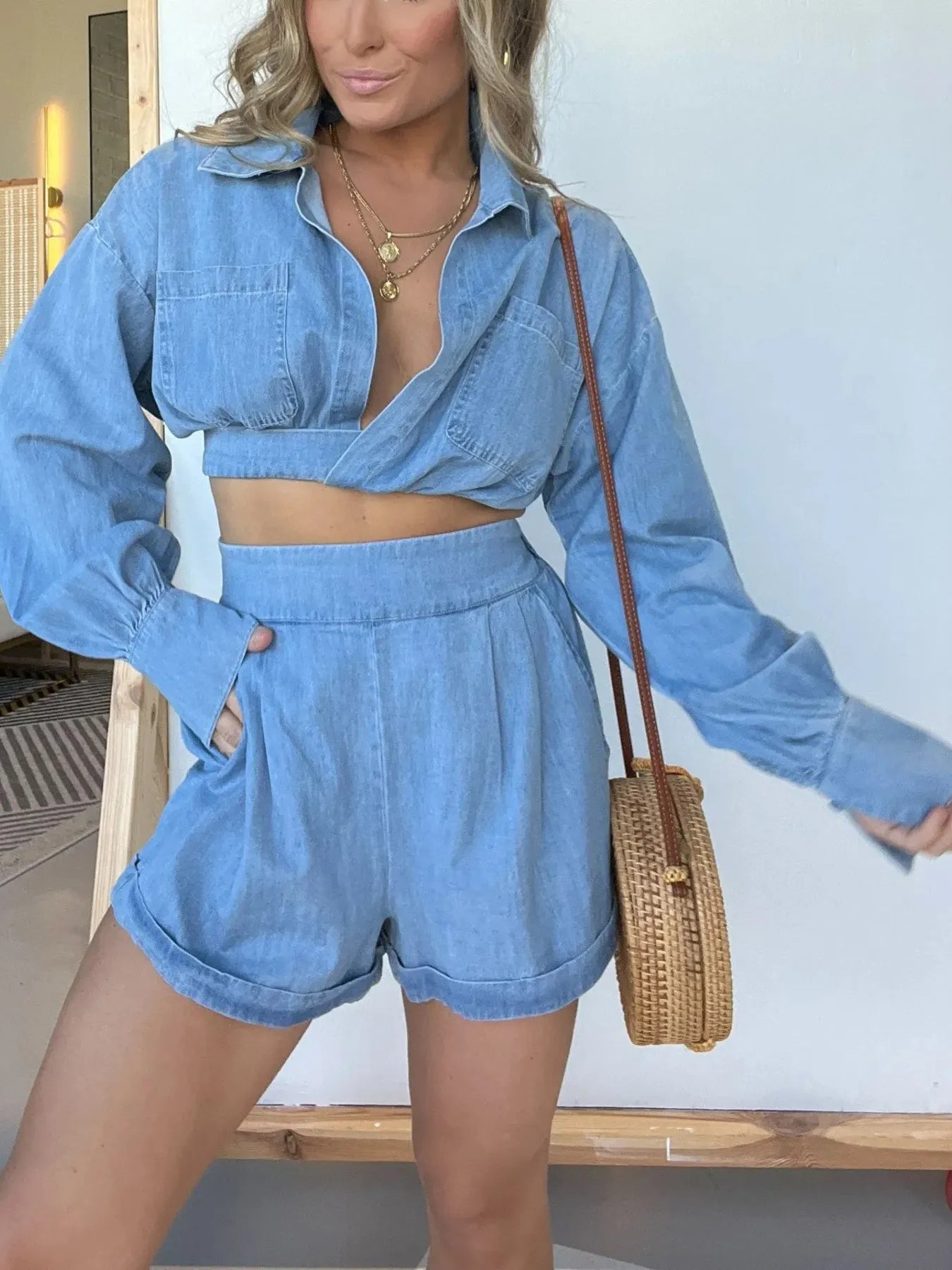 Full Size Long Sleeve Top and Shorts Denim Set Plus Size OutfitFlow