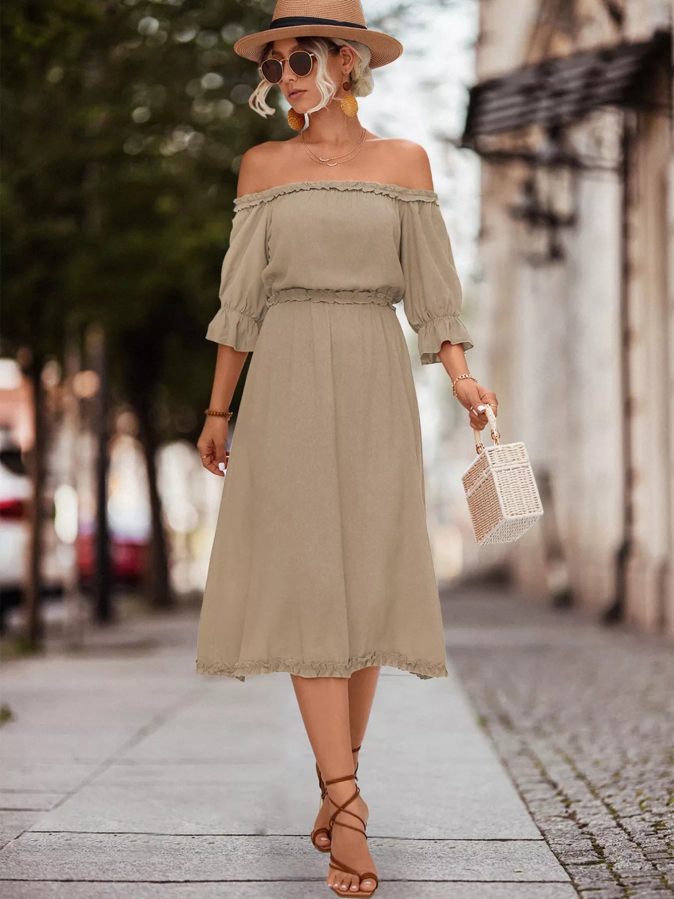 Off-Shoulder Flounce Sleeve Midi Dress OutfitFlow
