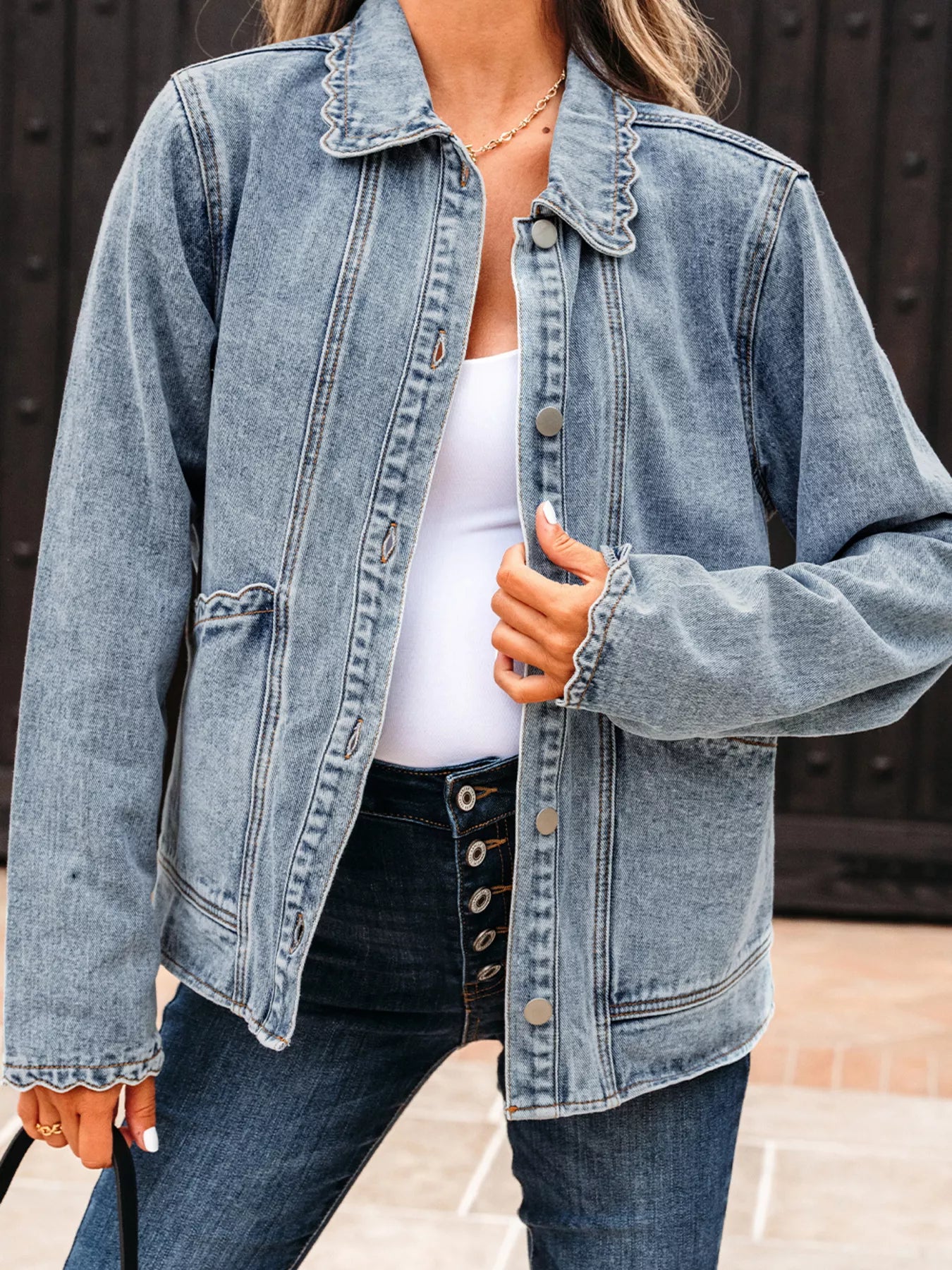 Scallop Trim Collar Patched Pocket Button Up Denim Jacket OutfitFlow