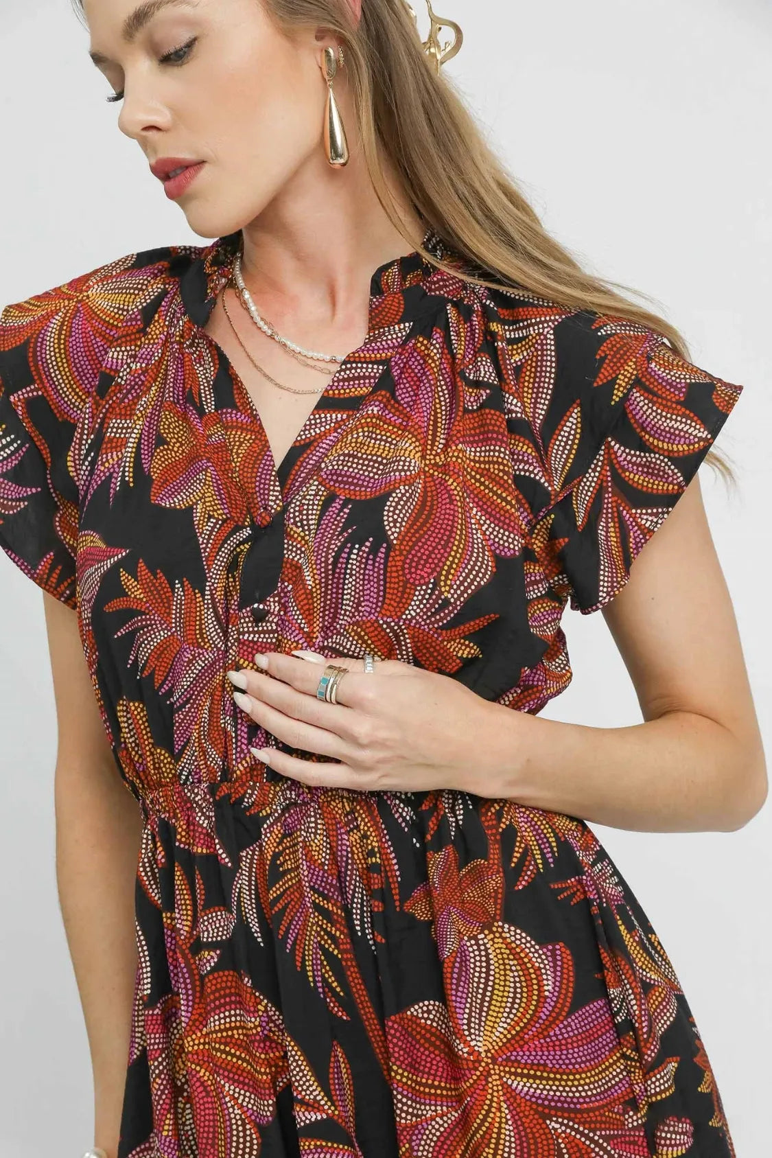 Umgee Mix Ruffle Sleeve Tropical Midi Dress OutfitFlow