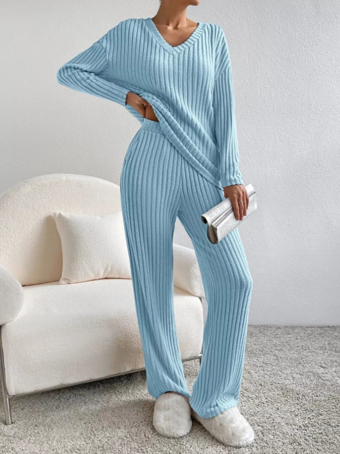 Ribbed Knit Long Sleeve Top and Pants Set OutfitFlow