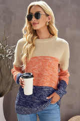 Outfit Flow - Color Block Round Neck Long Sleeve Sweater