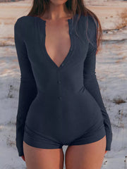 Long Sleeve Button Detail Romper Dark Blue OutfitFlow