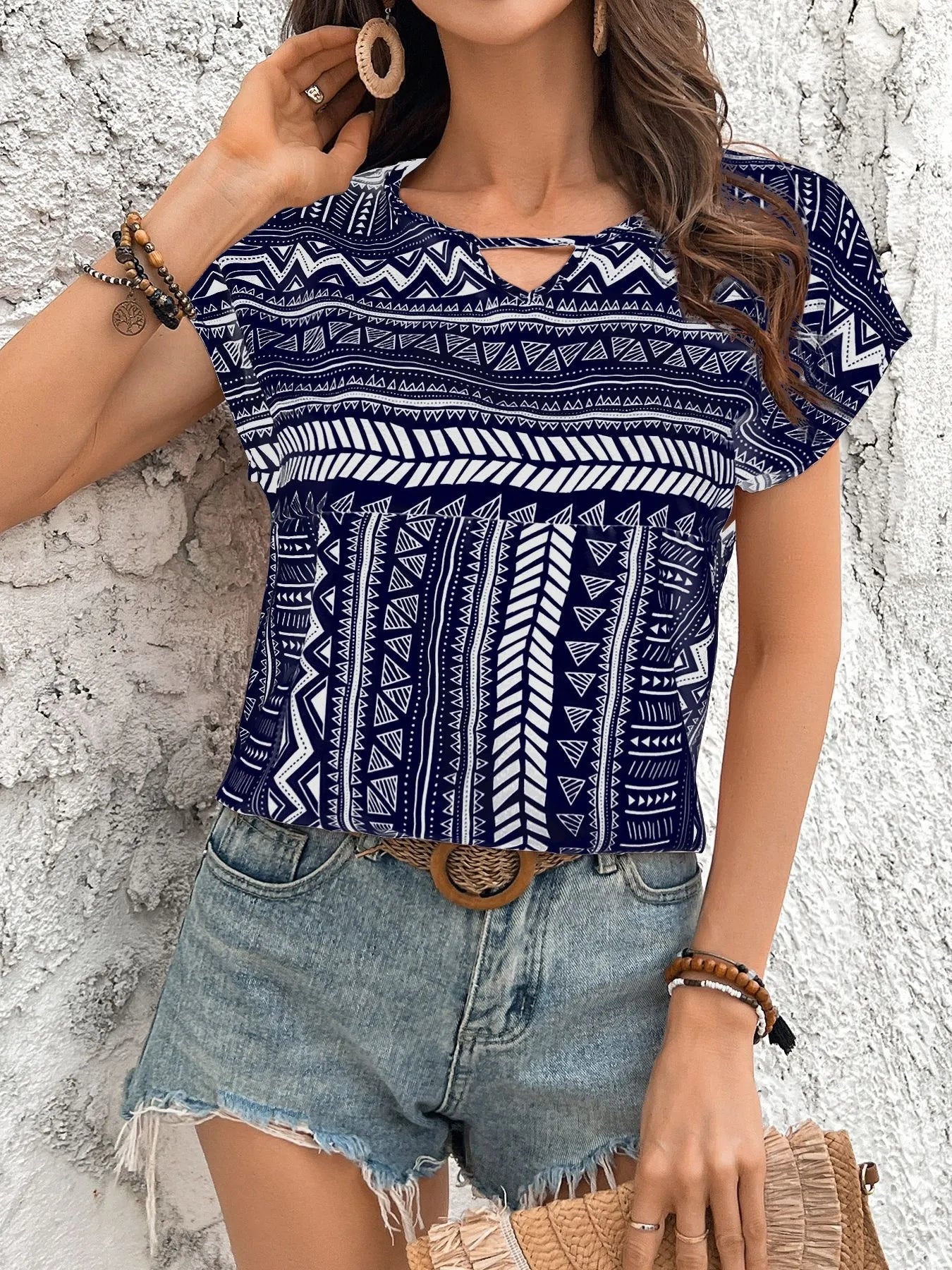 Geometric Print Short Sleeve Blouse Navy Blue OutfitFlow