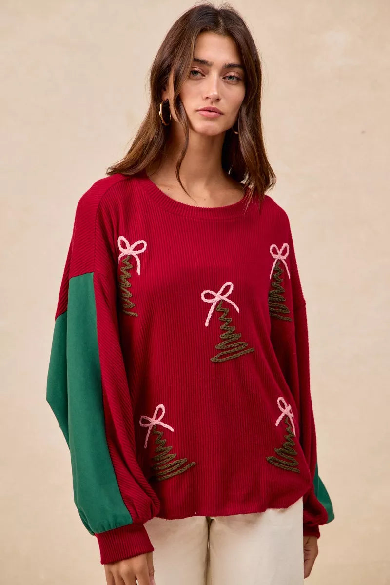 BiBi Christmas Theme Tree Embroidered Sweater OutfitFlow
