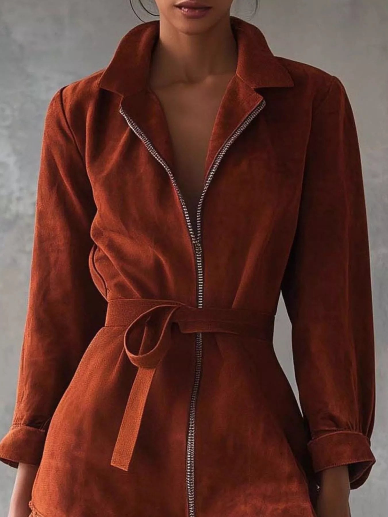 Lace-Trim Zip Front Dress Trendsi