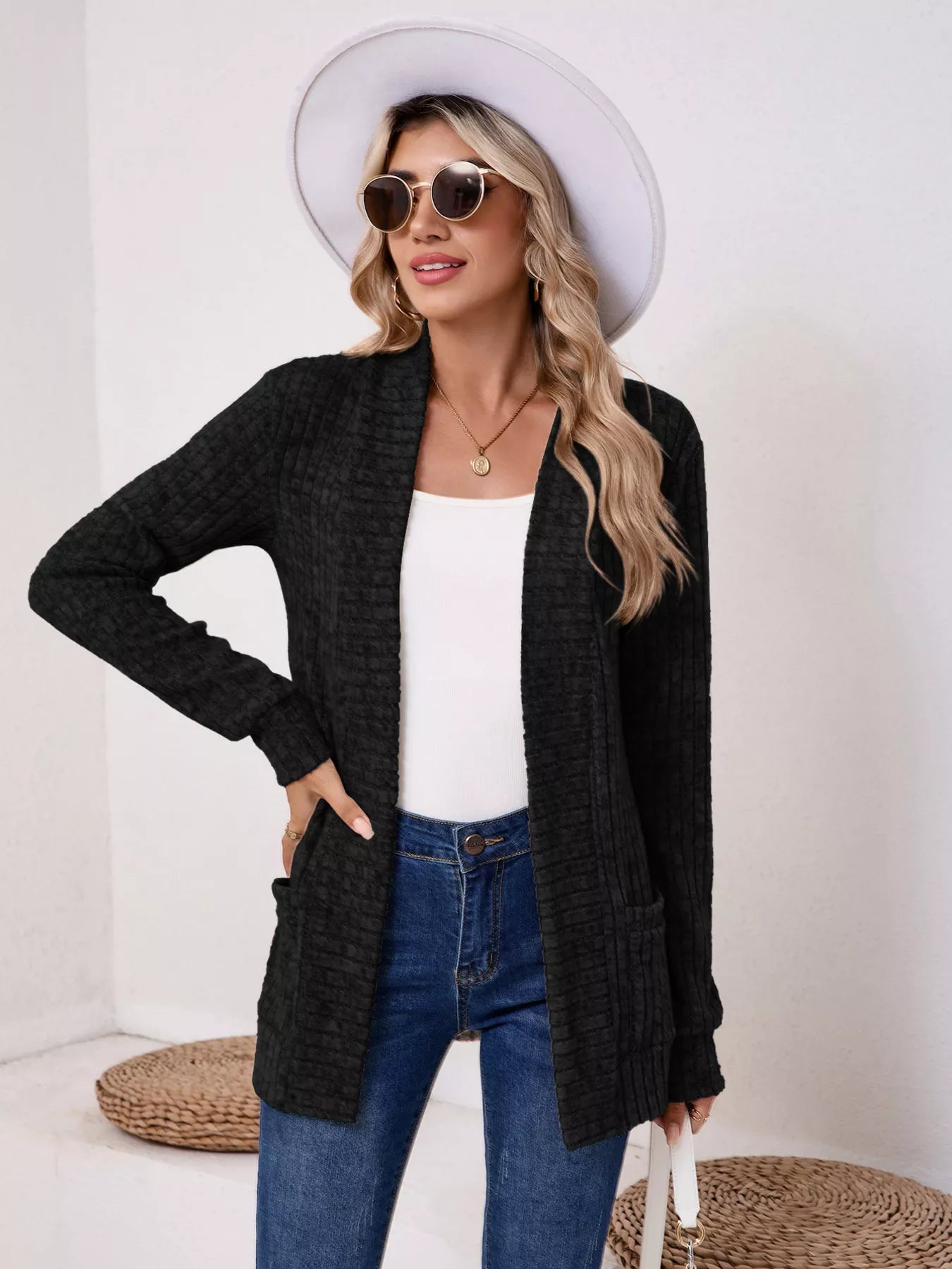 Casual Knit Open Front Cardigan Black OutfitFlow