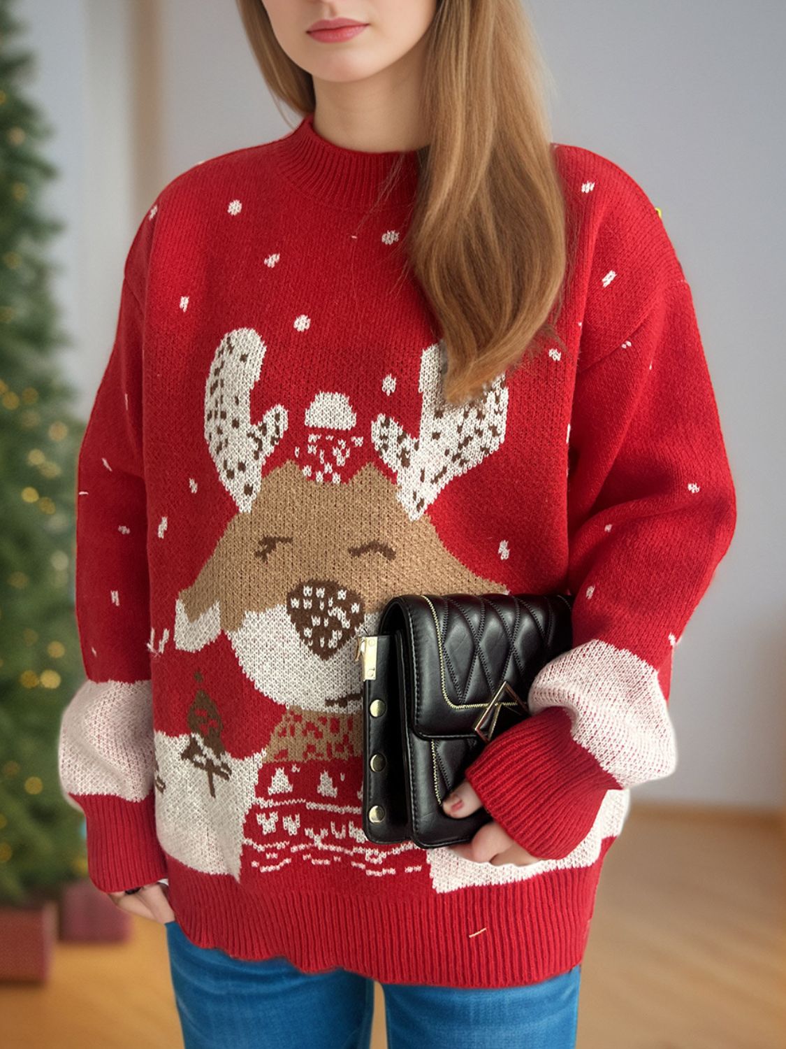 Outfit Flow - Reindeer Mock Neck Long Sleeve Sweater