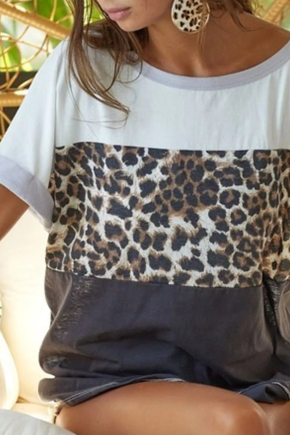 BiBi Leopard Printed Jersey Color Block Roll Up Top OutfitFlow