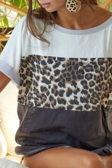 BiBi Leopard Printed Jersey Color Block Roll Up Top OutfitFlow