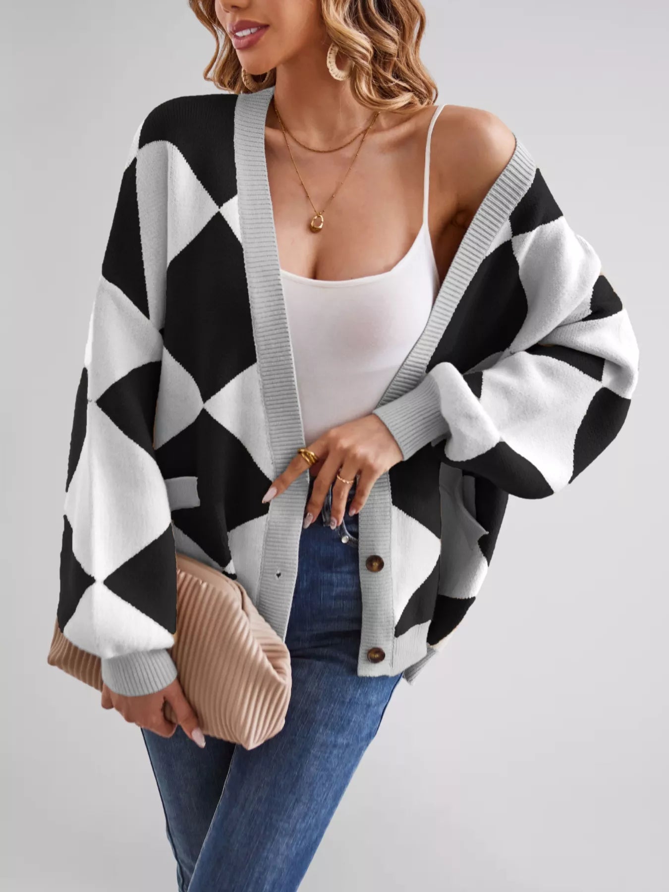 Diamond Pattern Button-Up Knit Cardigan OutfitFlow