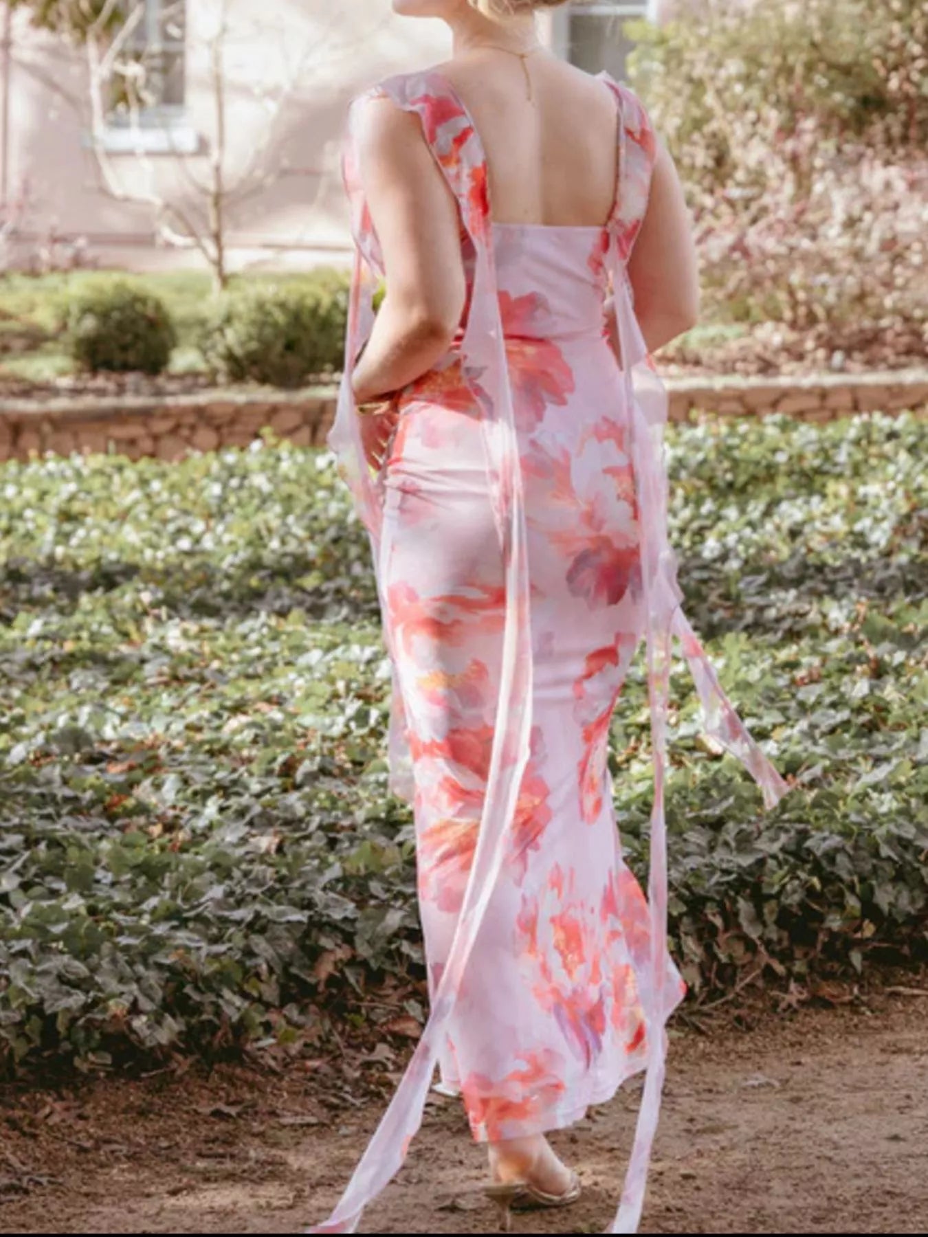 Floral Print Ruffle Trim Bodycon Maxi Dress OutfitFlow