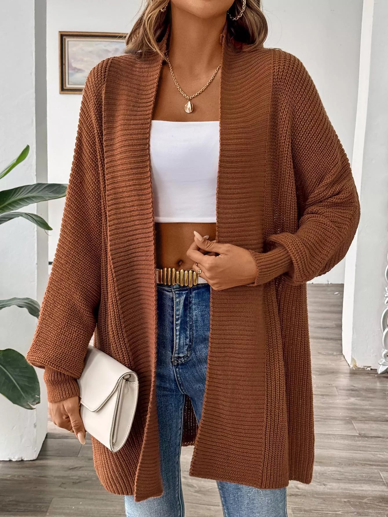 Open Front Ribbed Knit Cardigan OutfitFlow