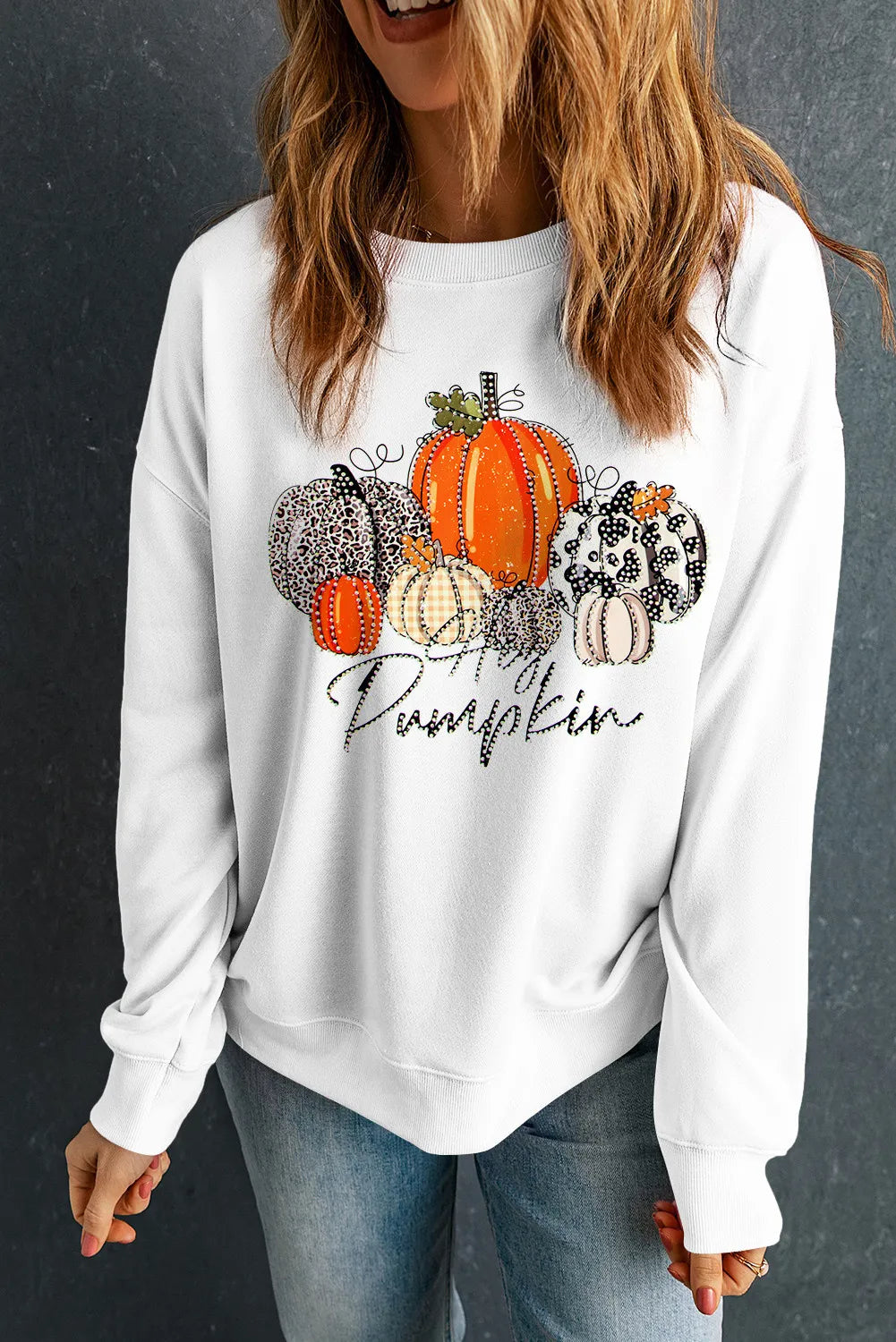 Pumpkin Graphic Round Neck Dropped Shoulder Sweatshirt OutfitFlow