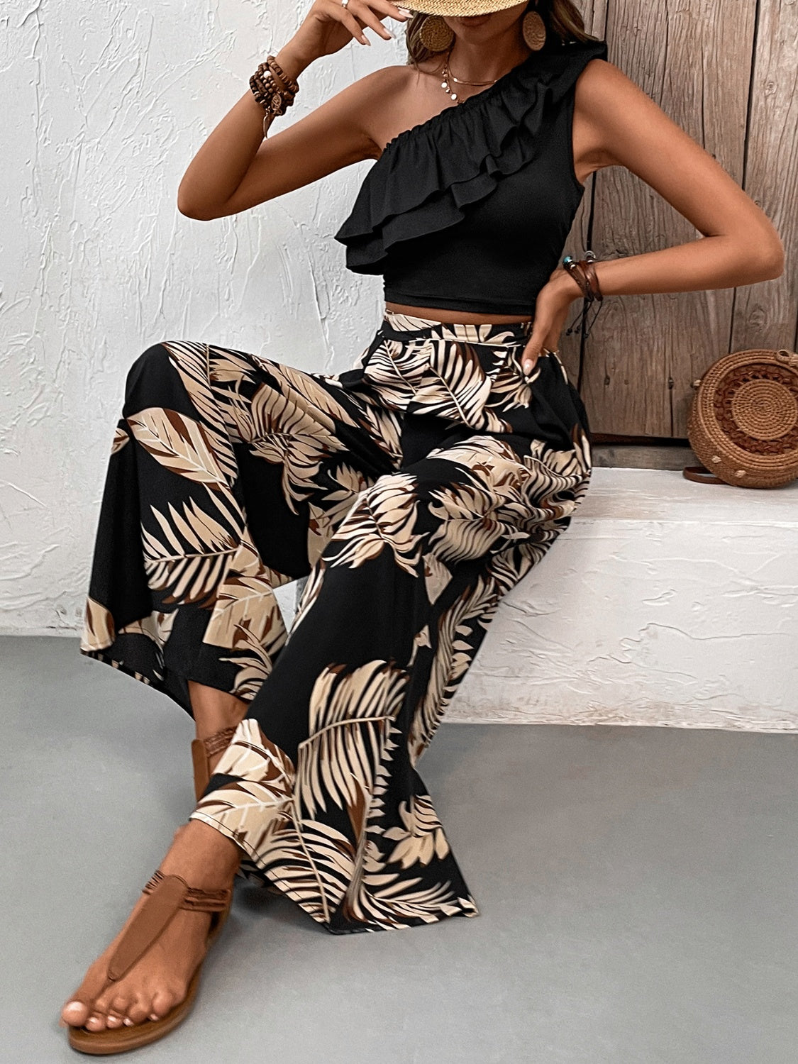 Outfit Flow - Honey Ruffled Sleeveless Top and Printed Pants Set