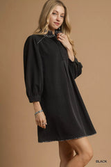 Umgee French Terry Balloon Sleeve Shift Dress with Leopard Print Detail OutfitFlow