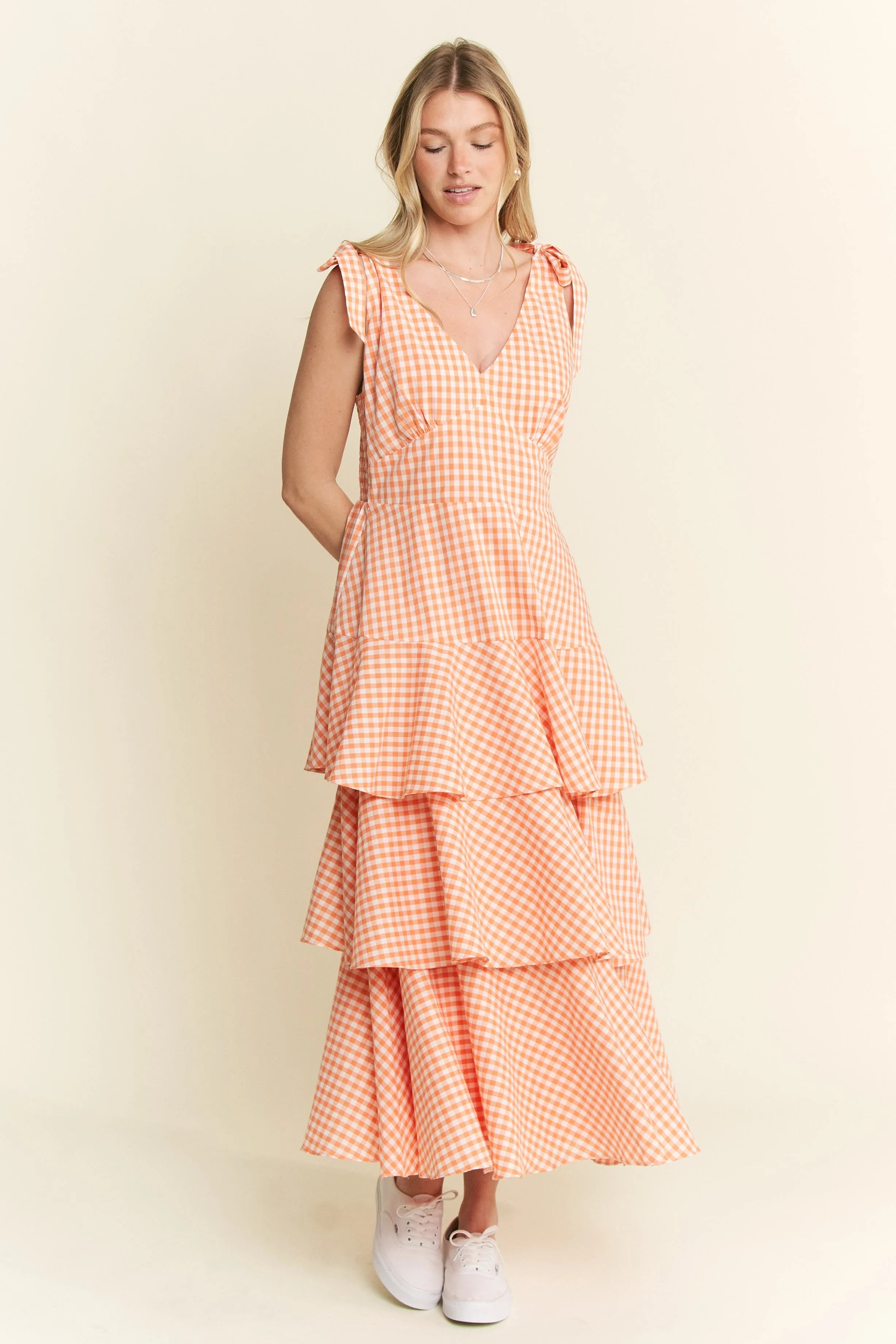 Jade By Jane Sleeveless Gingham Print Tiered Midi Dress OutfitFlow