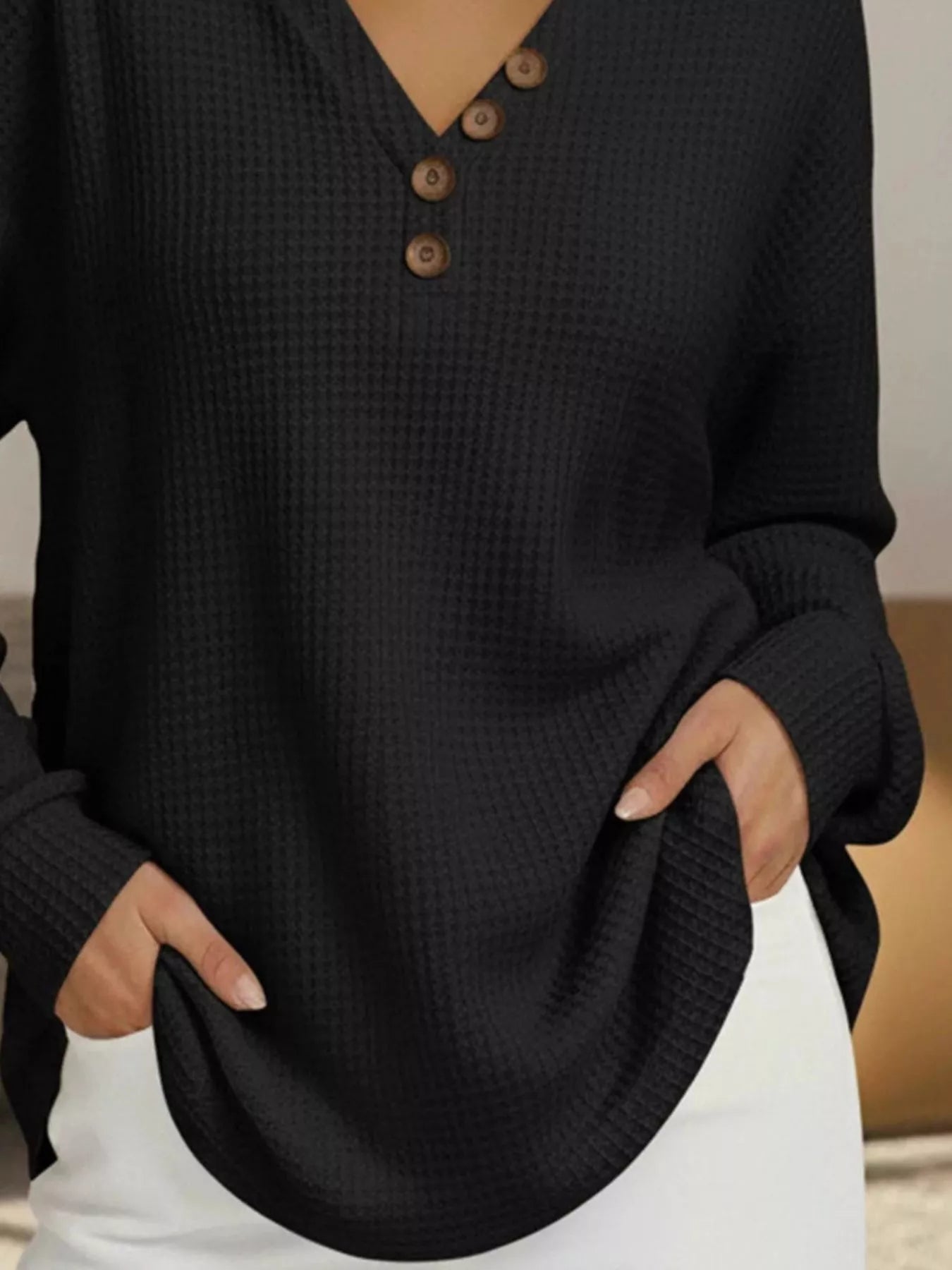 Full Size Casual Waffle Knit V-Neck Long Sleeve T-Shirt Plus Size OutfitFlow