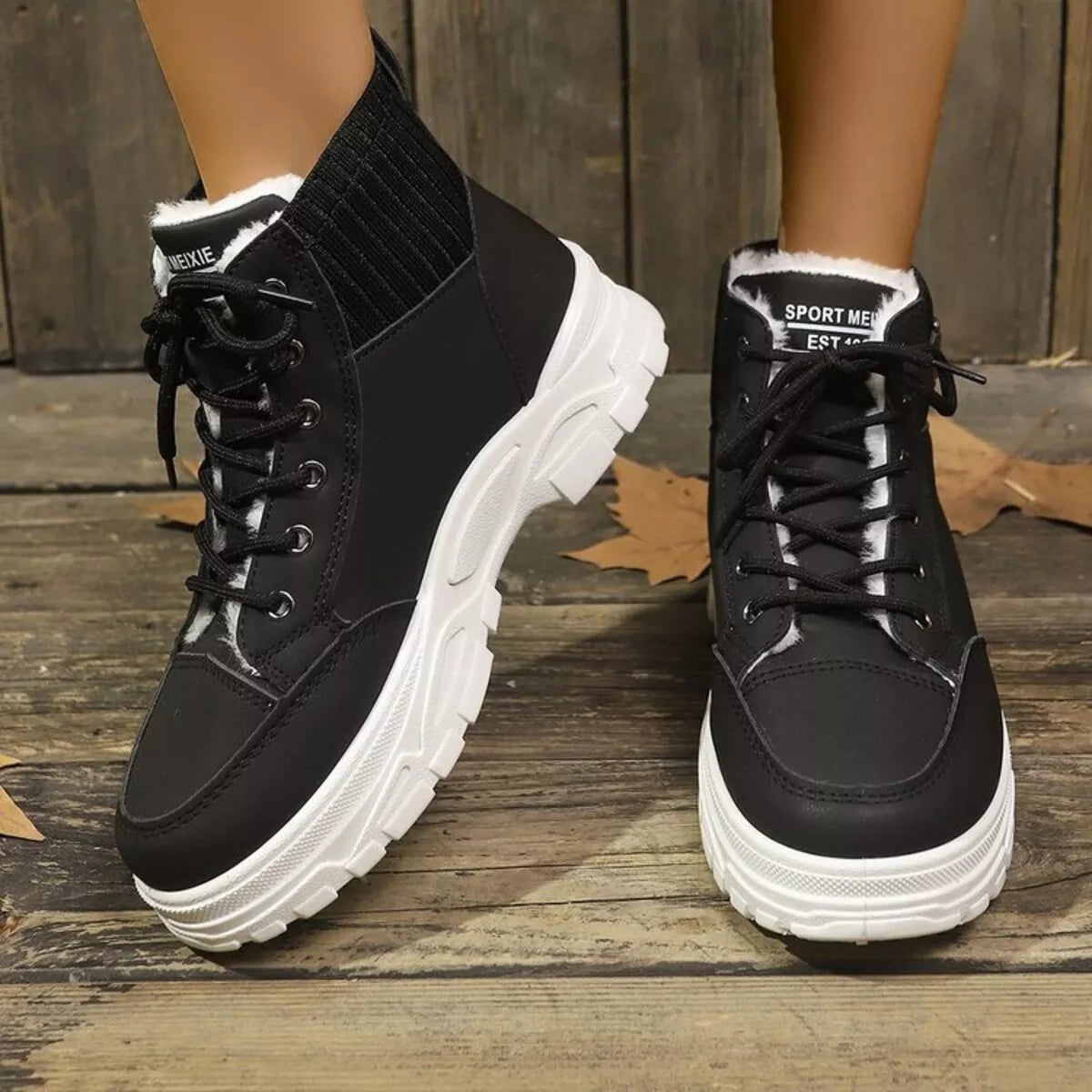 Plush Lining Lace Up Boots Black Trendsi