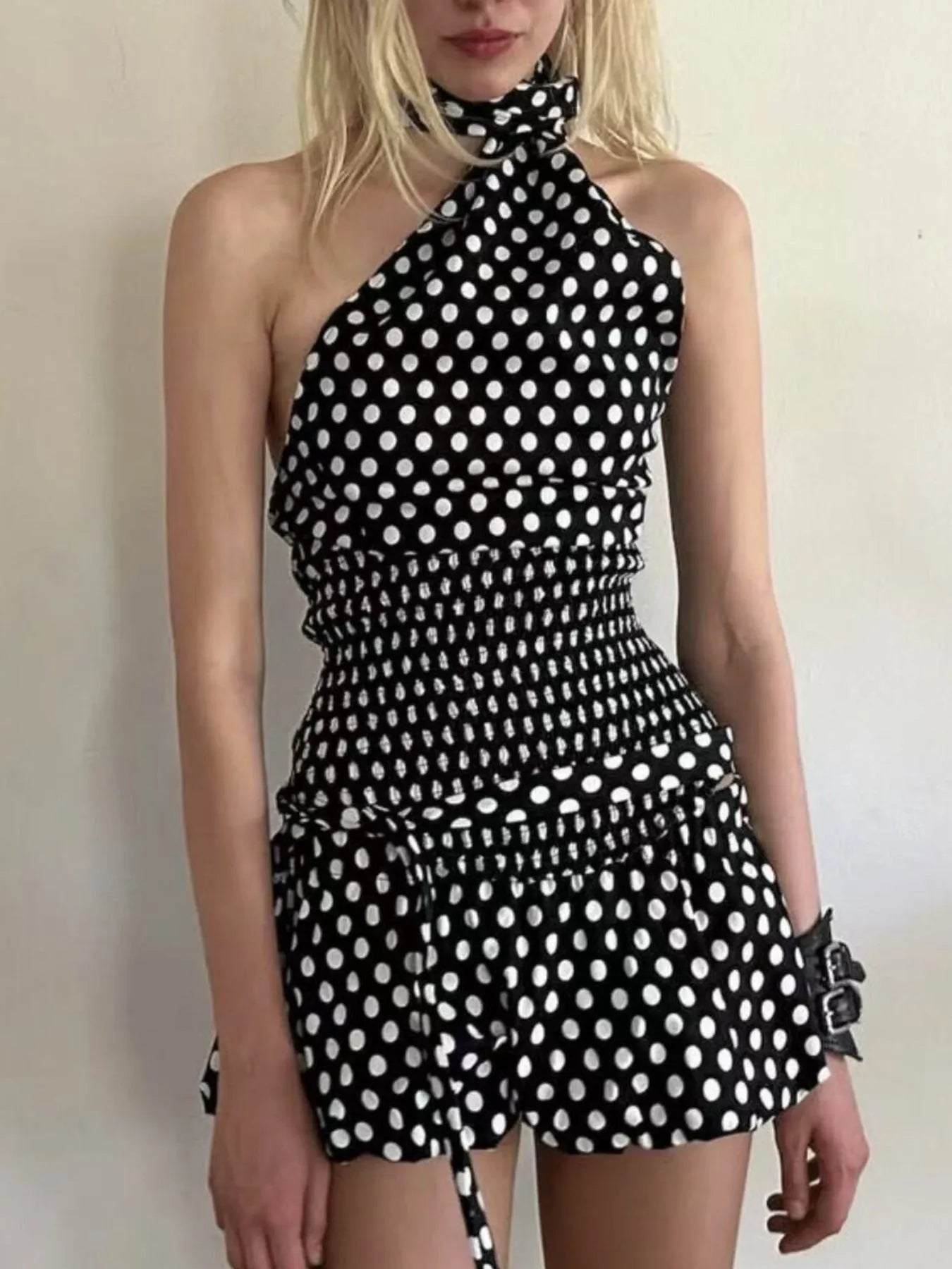 Polka Dot One-Shoulder Top and Mini Skirt Set OutfitFlow