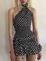Polka Dot One-Shoulder Top and Mini Skirt Set OutfitFlow